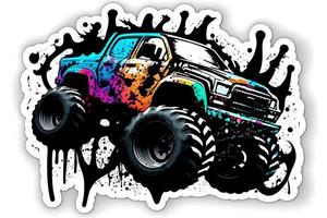 Monster truck sticker with multicolored paint splash. Neural network generated art photo