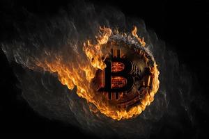 Burning bitcoin on fire flame on black background. Neural network generated art photo