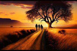 un grupo de personas caminando dentro el puesta de sol. hermosa paisaje. neural red generado Arte foto