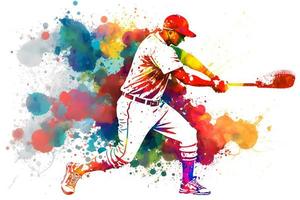 béisbol jugador con multicolor acuarela chapoteo, aislado en blanco antecedentes. neural red generado Arte foto