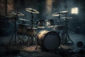 Drum kit in a grunge garage. Neural network photo