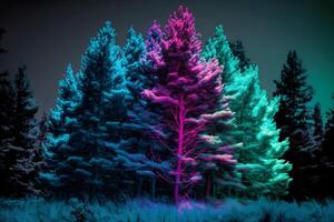 Beautiful winter forest at night and northern lights. Neural network photo