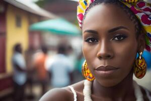 retrato de un hermosa africano mujer. neural red ai generado foto