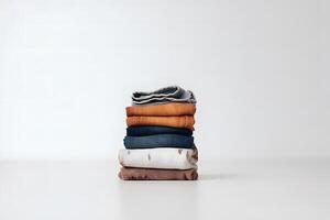 Jeans trousers stack on white background. Neural network photo