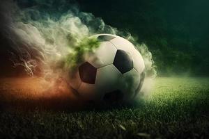 Traditional soccer ball on soccer field on green grass with dark toned foggy background. Neural network generated art photo