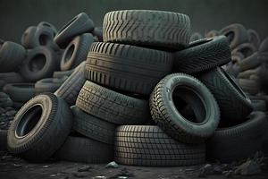 Big pile of used old car tires for recycling. Neural network generated art photo