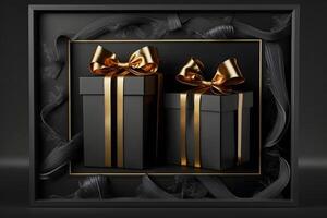 Black gift boxes with gold ribbon on dark background. Neural network photo