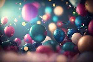 Background of holiday balloons and confetti. Neural network photo