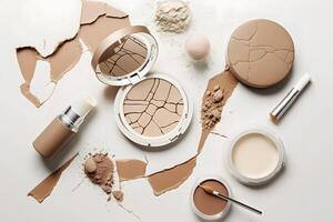 Flat lay composition with various makeup face powders on white background. Neural network photo