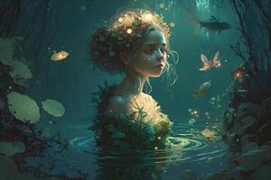Beautiful young fairytale nymph girl in natural dress in sacred river with water lilies and trees. Neural network generated art photo