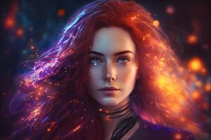 Futuristic fantasy woman portrait. Neural network photo