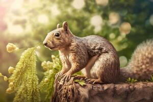 Art view on wild nature. Cute red squirrel. Neural network photo