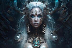 Portrait of a beautiful girl queen of diamonds fantasy dark goddess. Neural network photo