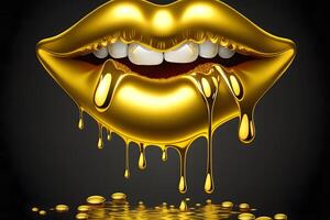 Gold Paint from the lips. Golden lips on beautiful model girls mouth. Make-up. Beauty makeup close up. Neural network photo