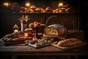 Bakery product assortment with bread loaves, buns, rolls and Danish pastries. Neural network photo