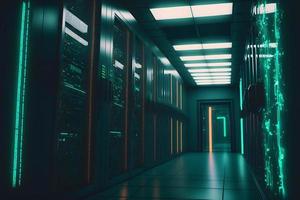 Server racks in computer network security server room data center. Neural network generated art photo