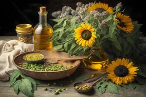 Rural still life sunflower oil in bottle with flowers of sunflower Helianthus annuus in dark light. Neural network photo