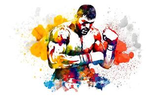 Sporty man during boxing with watercolor splash, sticker. Neural network photo
