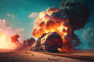 explosion of wagons at the railway station. Neural network photo