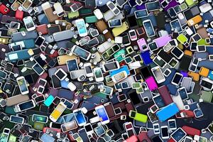 Abstract background from many smartphones. mobile phone recycling. Neural network photo