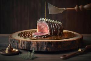 A baked whole piece of meat on a wooden stand. Neural network photo