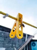 Flies hanging on a clothespin on a string. Blurred and bokeh background photo