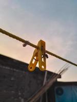 Flies hanging on a clothespin on a string. Blurred and bokeh background photo