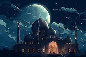 A mosque with a moon and stars in the background. photo