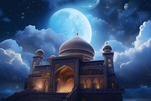 A mosque with a moon and stars in the background. photo