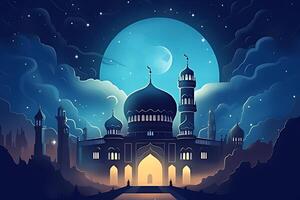 A mosque with a moon and stars in the background. photo