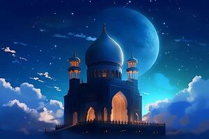 A mosque with a moon and stars in the background. photo