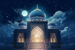 A mosque with a moon and stars in the background. photo