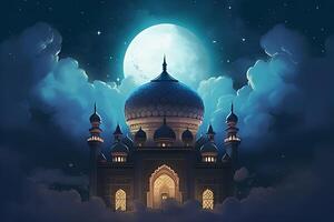A mosque with a moon and stars in the background. photo
