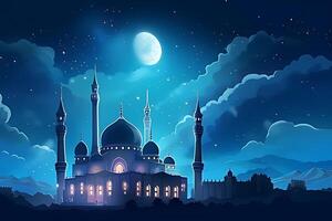 A mosque with a moon and stars in the background. photo