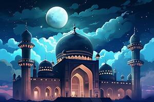 A mosque with a moon and stars in the background. photo