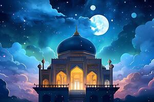 A mosque with a moon and stars in the background. photo