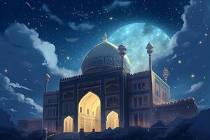 A mosque with a moon and stars in the background. photo