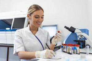 Closeup portrait of woman scientist working in lab. Female researcher sitting at desk looking through microscope at blood and chemical test sample and making notes in clipboard. Biochemistry work photo