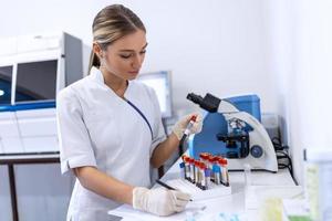 Closeup portrait of woman scientist working in lab. Female researcher sitting at desk looking through microscope at blood and chemical test sample and making notes in clipboard. Biochemistry work photo