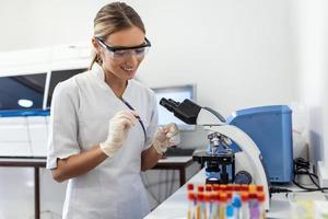 Woman biologist using micro pipette with test tube and beaker for experiment in science laboratory. Biochemistry specialist working with lab equipment and glassware for development. photo