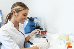 Closeup portrait of woman scientist working in lab. Female researcher sitting at desk looking through microscope at blood and chemical test sample and making notes in clipboard. Biochemistry work photo