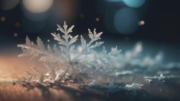 Navidad noche composición de copos de nieve en nieve con destellos.. creado con generativo ai foto