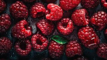 Full frame closeup of fresh ripe red healthy raspberries in pile on stall.. Created with photo