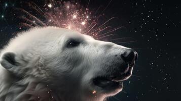 polar bear against the backdrop of bright fireworks of the northern lights.. Created with photo