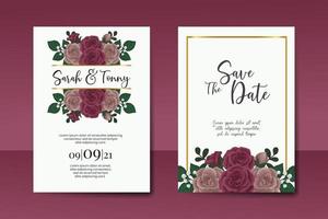 Wedding invitation frame set, floral watercolor Digital hand drawn Maroon Rose flower design Invitation Card Template vector