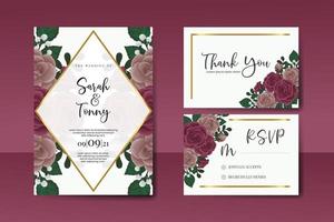 Wedding invitation frame set, floral watercolor Digital hand drawn Maroon Rose flower design Invitation Card Template vector