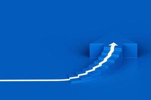 White arrow following the spiral staircase of growth on blue background, 3D arrow climbing up over spiral staircase, 3d stairs with arrow going upward, 3d rendering photo