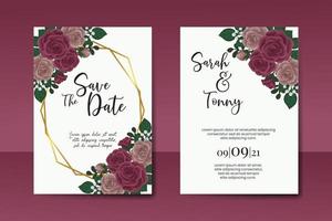 Wedding invitation frame set, floral watercolor Digital hand drawn Maroon Rose flower design Invitation Card Template vector