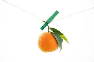 orange mandarin  with a green leaf hanging on a string on a white background photo