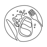 Line drawing of steak in a plate. vector